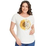 Kurun's Collection Büyük Beden Sun Flower Baskılı Geniş V Yaka Kısa Kol Oval Yırtmaç Bluz Ekru 42-44