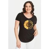 Kurun's Collection Büyük Beden Sun Flower Baskılı Geniş V Yaka Kısa Kol Oval Yırtmaç Bluz Siyah 50-52