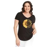 Kurun's Collection Büyük Beden Sun Flower Baskılı Geniş V Yaka Kısa Kol Oval Yırtmaç Bluz Siyah 58-60