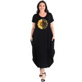 Kurun's Collection Büyük Beden Sun Flower Baskılı Jumbo Kısa Kol Elbise Siyah 46-48