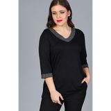 Kurun's Collection Büyük Beden Yaka Kolucu Sim Yarım Kol Bluz Siyah 50-52