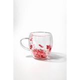 Kurutulmuş Canlı Çiçekli Çift Cidarlı Çay Kupası Kahve Kupası Kırmızı Ortanca Çiçeği HEDİYELİK 250Ml