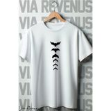 Kuş Baskılı Oversize Geniş Kalıp Bisiklet Yaka Beyaz Tshirt - XL