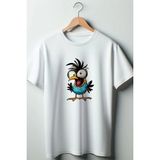 Kuş Baskılı Oversize Geniş Kalıp Unisex Bisiklet Yaka Beyaz Tshirt