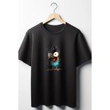 Kuş Baskılı Oversize Geniş Kalıp Unisex Bisiklet Yaka Siyah Tshirt - M