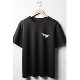 Kuş Baskılı Oversize Geniş Kalıp Unisex Bisiklet Yaka Siyah Tshirt - XL