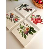Kuş, Meyve ve Çiçek Desenli Doğal Taş Bardak Altlığı 4’lü Set Sunum - 10 x 10 cm