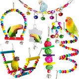 Kuş Parakeet Sultan Papağanı Oyuncakları, ESRISE Doğal Ahşap Asma Zil Evcil Hayvan Kuş Kafesi Hamak Salıncak Tırmanma Merdivenleri Ahşap Levrek Aynası Muhabbet Kuşları için Çiğneme Oyuncağı