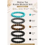 Kusakli 5'li Kadın Doğal Taş Bileklik Seti 8mm - Turkuaz, Hematit, Kaplangözü, Lav Taşı, Parlak Oniks