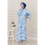 Kuşaklı Çiçekli Lina Elbise-Mavi - 46