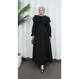 Kuşaklı Fırfır Detaylı Tesettür Terikoton Elbise Siyah HNT0314 - 42