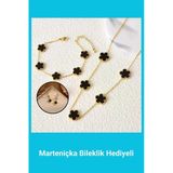 Kuşkaya Ticaret Yonca Paslanmaz Kararmaz Çelik Gold Siyah Kolye Bileklik Küpe 3'Lü Set Altın Tek Ebat