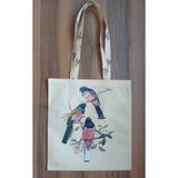 Kuşlar - Bez Plaj ve Omuz Çantası - 35X37 - Krem - Beyaz - Pembe