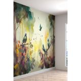Kuşlar ve Ağaçlar Desenli Silinebilir Kumaş Duvar Kağıdı - En X Boy - Cafe ve Ofis Dekor, 300 x 270, DW2025159300270