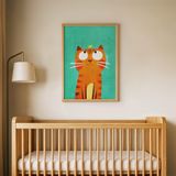 Kuşlu Turuncu Kedi Çocuk Odası Duvar Posteri Çerçeveli Tablo Duvar Dekorasyonu - 21 x 30 - Ahşap Çerçeveli