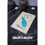 Kuşlu Tüy Kalem Ahşap Plan Defteri - Süresiz Ajanda - Günlük Planlayıcı (Planlama Defteri) A5