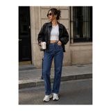 Kutaf Kadın Koyu Mavi Yüksek Bel Mom Jean Pantolon Oversize Rahat Kesim Günlük Sokak Stili Denim