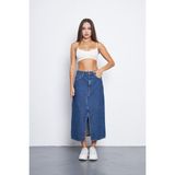 Kutaf Mavi Önden Yırtmaçlı Midi Boy Denim Etek - Orta Mavi - 36