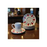KÜTAHYA HOME Porselen Acem Zade Kırmızı-Mavi Kahve Fincanı Çay Tabağı 12,5cm 12 prç
