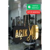 Kutaydan Ahşap Üzeri Gold Aynalı Pleksi Açık-Kapalı Terzi ve Kuaför Tabelası