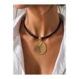 Kutcha Accessories Kahverengi Örgü Deri Kordon Dokulu Yuvarlak Gold Kolye