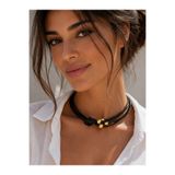 Kutcha Accessories Siyah Kordonlu Düğümlü Kolye Altın Boncuk Detaylı