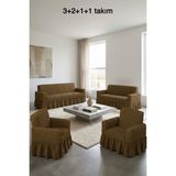 KUTLALE Bürümcük 3+2+1+1 Koltuk, Kanepe, Çekyat Örtüsü, Etekli, Streç, Esnek, Lastikli, Koltuk Kılıfı Takımı - 183 x 230 cm - Açık Kahverengi