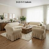 KUTLALE Bürümcük 3+2+1+1 Koltuk, Kanepe, Çekyat Örtüsü, Etekli, Streç, Esnek, Lastikli, Koltuk Kılıfı Takımı - 183 x 230 cm - Krem
