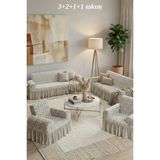 KUTLALE Jakarlı 3+2+1+1 Osmanlı Desen Koltuk, Kanepe, Çekyat Örtüsü, Etekli, Streç, Esnek, Lastikli, Koltuk Kılıfı 3211 Takımı - 180 x 230 cm - Krem