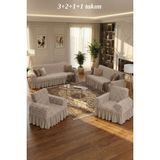KUTLALE Jakarlı 3+2+1+1 Osmanlı Desen Koltuk, Kanepe, Çekyat Örtüsü, Etekli, Streç, Esnek, Lastikli, Koltuk Kılıfı 3211 Takımı - 180 x 230 cm - Taş