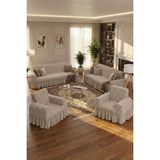 KUTLALE Jakarlı 3+3+1+1 Osmanlı Desen Koltuk, Kanepe, Çekyat Örtüsü, Etekli, Streç, Esnek, Lastikli, Koltuk Kılıfı 3311 Takımı - 180 x 230 cm - Taş