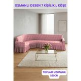 KUTLALE Jakarli Osmanlı (Şal) Desen 5 Kişilik Etekli L Köşe (Toplam Uzunluk 350CM) Koltuk Örtüsü, Streç, Esnek, Lastikli, Koltuk Kılıfı - Pembe