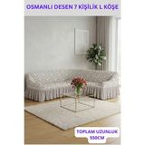 KUTLALE Jakarli Osmanlı (Şal) Desen 7 Kişilik Etekli L Köşe (Toplam Uzunluk 550CM) Koltuk Örtüsü, Streç, Esnek, Lastikli, Koltuk Kılıfı - 235 x 300 cm - Krem