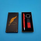 Kutulu Kırmızı Deri Anahtarlık ve Touchpen Tükenmez Kalem Hediye Seti - Çok Renkli