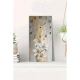 kutuTR 3D Görünümlü 2D UV Baskı MDF Tablo Saat 20x40 cm – Beyaz Zambak Çiçekli Gold Gri Dekoratif -DTS198