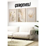 KutuTR 🌼 3'lü Çerçeveli Krem Çiçek Desenli Dekoratif Tablo Seti 🌿 CRV1149 32 x 42 - Renkli