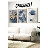 KutuTR 🦋 3'lü Çerçeveli Mavi Kelebek ve Çiçek Temalı Mdf Tablo Seti – Uv Baskılı Ahşap Çerçeve 🌿 CRV1027 32 x 42 - Renkli