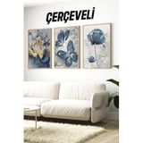 Kututr 3'Lü Çerçeveli Mavi Kelebek Ve Çiçek Temalı Mdf Tablo Seti – Uv Baskılı Ahşap Çerçeve Crv1027,Çerçeveli Crv1027 23 X 32