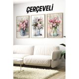 KutuTR Ahşap Çerçeveli Mdf Tablo Seti Salon Ve Oturma Odası İçin Çiçekler ÇT3070 23 x 32 Çok Renkli
