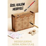KutuTR Ahşap Kumbara, Para Biriktirme Kutusu, MDF, Ceviz, Tasarruf Challenge Sistemi, Motivasyon Hedef Kutusu, Kalem Hediyeli