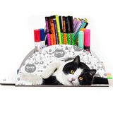 KutuTR Ahşap Vip Kedi Serisi Gökkuşağı Cetvelli Masaüstü Kalemlik Organizer Montajlı Kutulu - 125-Siyah Beyaz Kedi