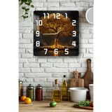 kutuTR Altın Işıklı Ağaç Temalı Temperli Cam Kare Saat 33x33 cm Ebadında UV Baskı - KCS038