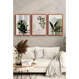 KutuTR Bakır Ahşap Çerçeveli 2d Uv Baskı 3’lü Mdf Tablo–minimal Yüz & Bitki Seti-Bakır CRV1030 - 42 x 62