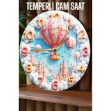 kutuTR Balon ve Masal Şatosu Temalı 3D Görünümlü Temperli Cam Saat – 33 cm CSDW101