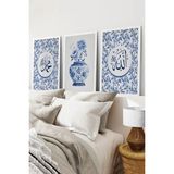 KutuTR Beyaz Çerçeveli 2d Uv Baskı 3’lü Mdf Tablo–mavi Çini Desenli Allah–muhammed –vazo Seti-Beyaz CRV1186 - 23 x 32
