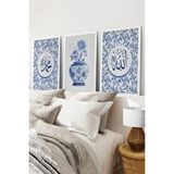 KutuTR Beyaz Çerçeveli 2d Uv Baskı 3’lü Mdf Tablo–mavi Çini Desenli Allah–muhammed –vazo Seti-Beyaz CRV1186 - 42 x 62