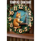 kutuTR Çiçekli Çerçeveli Kedi Temalı 3D Görünümlü Temperli Cam Saat – 33 cm CSDW205