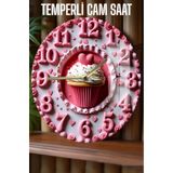 kutuTR Cupcake & Kalpli Pembe 3D Görünümlü Temperli Cam Saat – 33 cm CSDW238