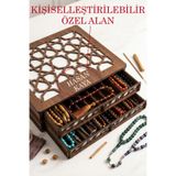 kutuTR Kişiye Özel Ahşap Tesbih Kutusu 2 Katlı Tesbih Kapasiteli İslami Desenli Tespih Saklama Kutusu (ince tesbihler için ideal)