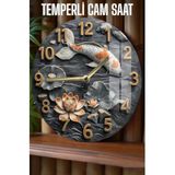kutuTR Koi Balığı ve Nilüfer Çiçekli 3D Görünümlü Temperli Cam Saat – 33 cm CSDW047